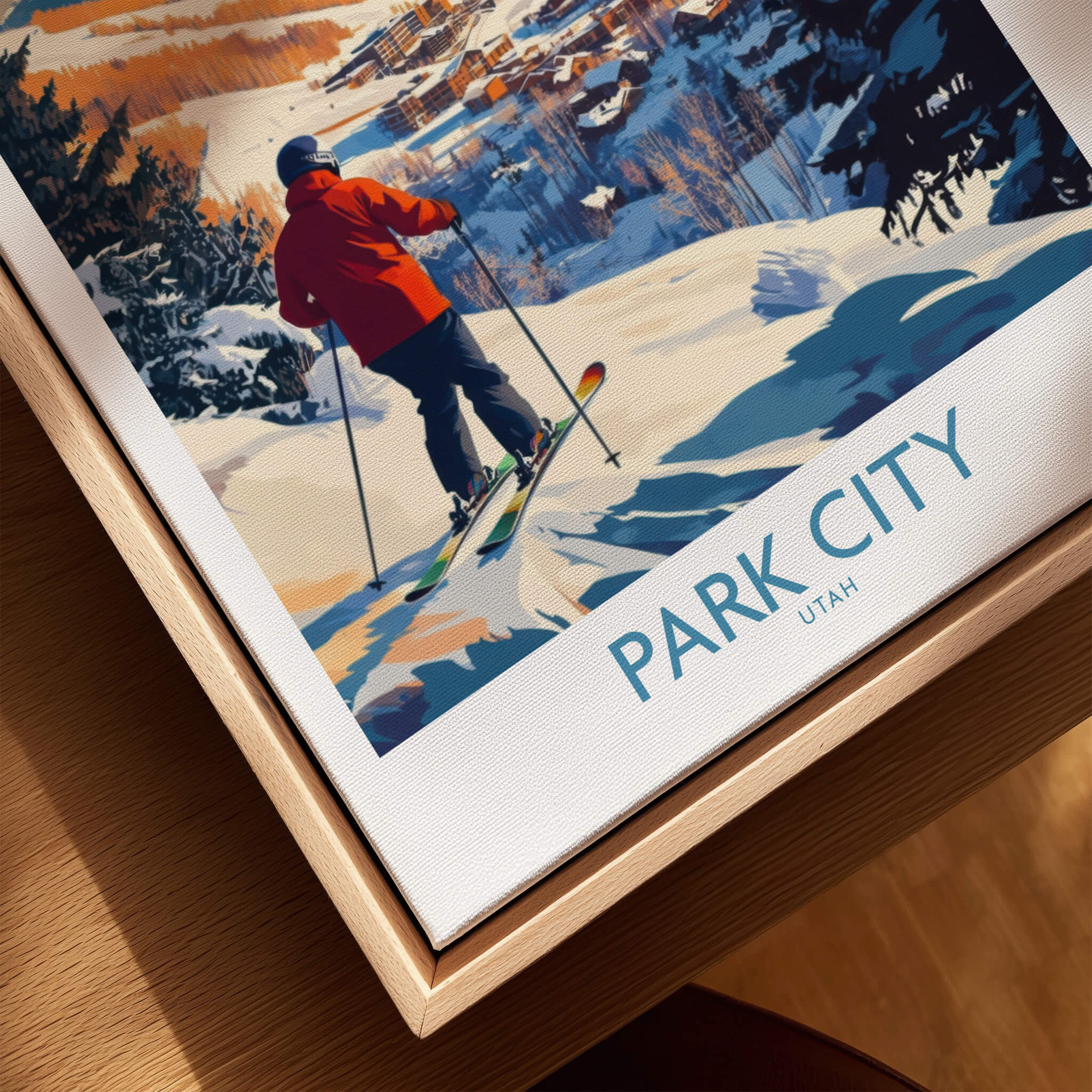 Park City Ski Wall Art Ski Poster showcasing a skier on snow-covered slopes in Park City, Utah.