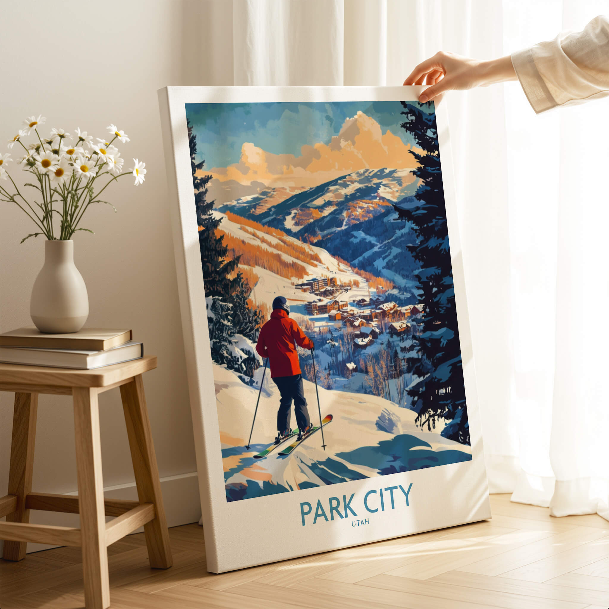 Park City Ski Wall Art Ski Poster showcasing a skier overlooking Park City, Utah, perfect for winter decor.