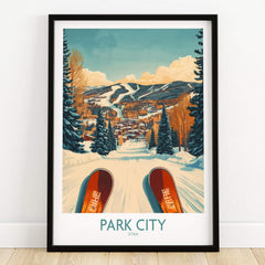 Winter Sports Ski Poster Park City Utah showcasing a scenic ski perspective and slopes in Park City, Utah.