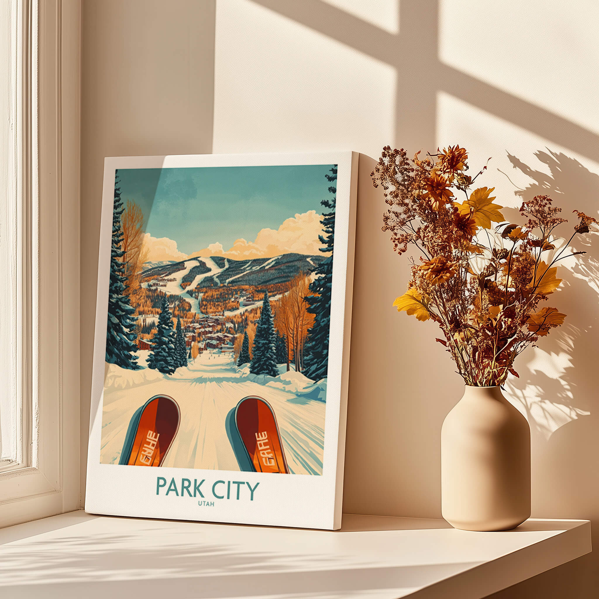 Winter Sports Ski Poster Park City Utah featuring scenic ski slopes and vibrant winter scenery.