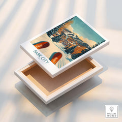 Winter Sports Ski Poster Park City Utah showcased on an open wooden box with scenic mountain design.