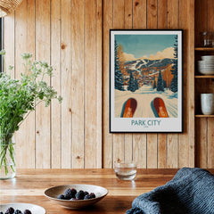 Winter Sports Ski Poster Park City Utah featuring a scenic view of Park City with skis in the foreground.