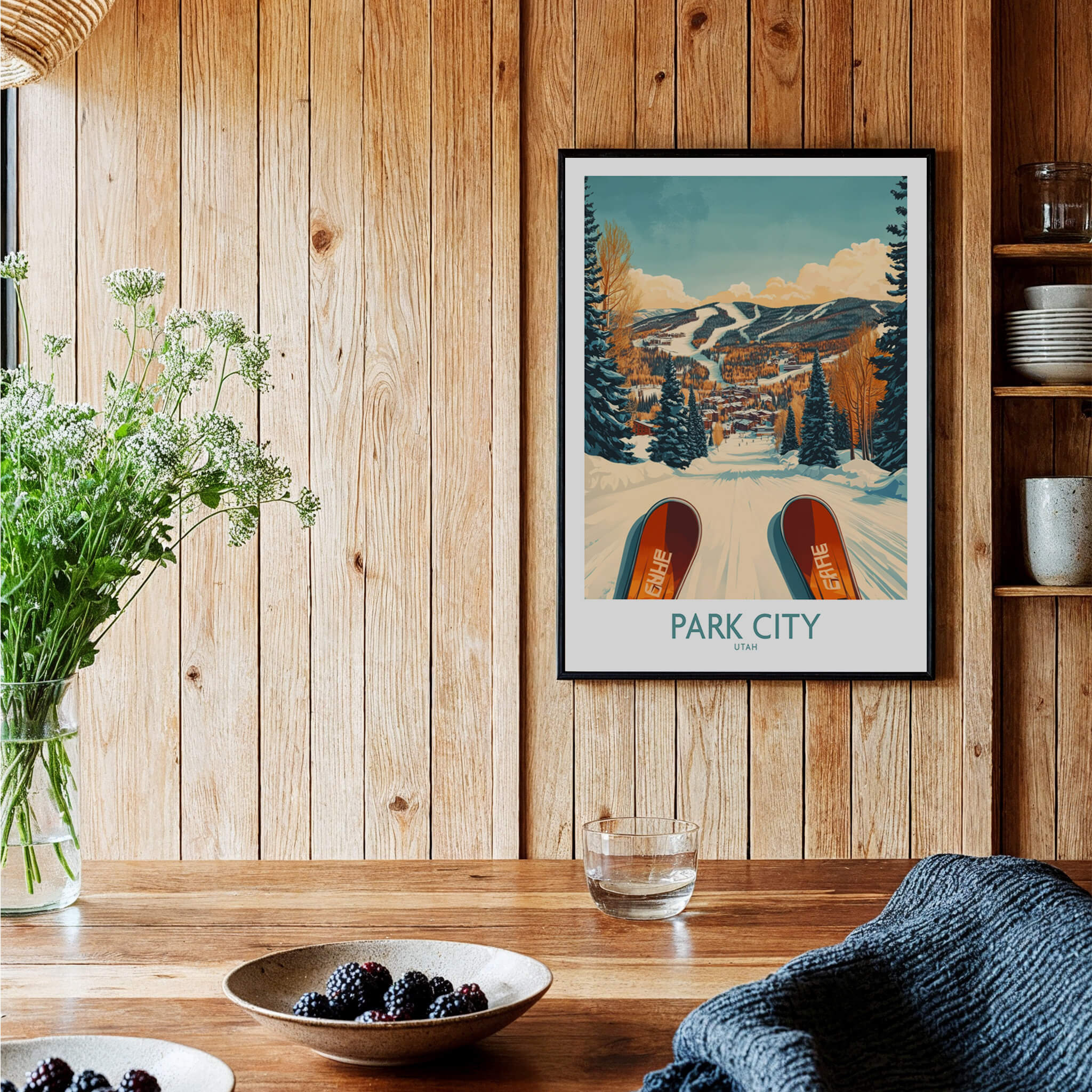 Winter Sports Ski Poster Park City Utah featuring a scenic view of Park City with skis in the foreground.