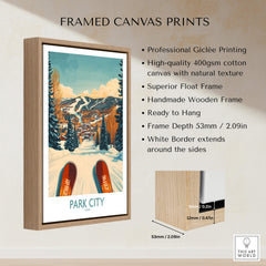 Winter Sports Ski Poster Park City Utah framed canvas print featuring snow-covered slopes and vibrant colors.