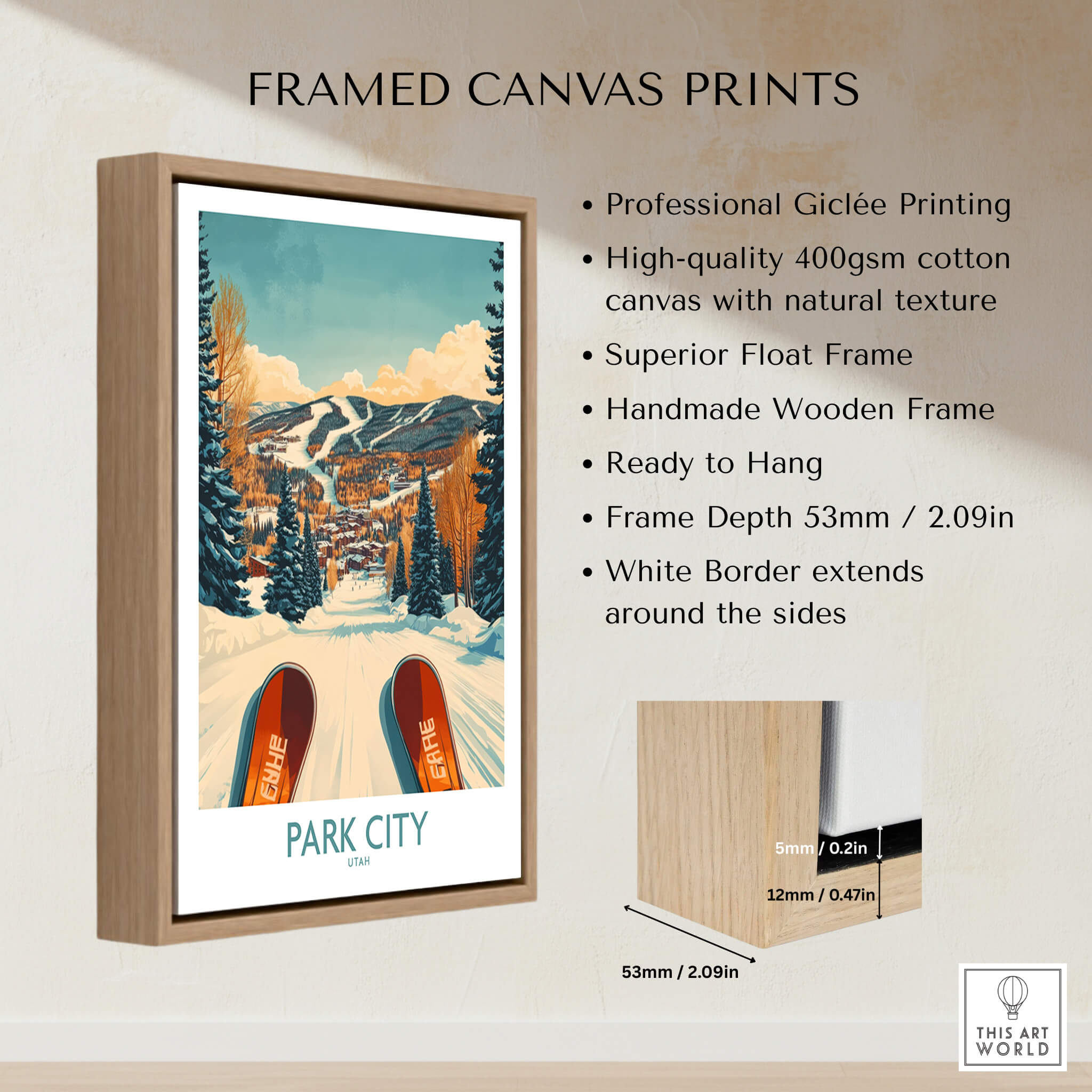 Winter Sports Ski Poster Park City Utah framed canvas print featuring snow-covered slopes and vibrant colors.