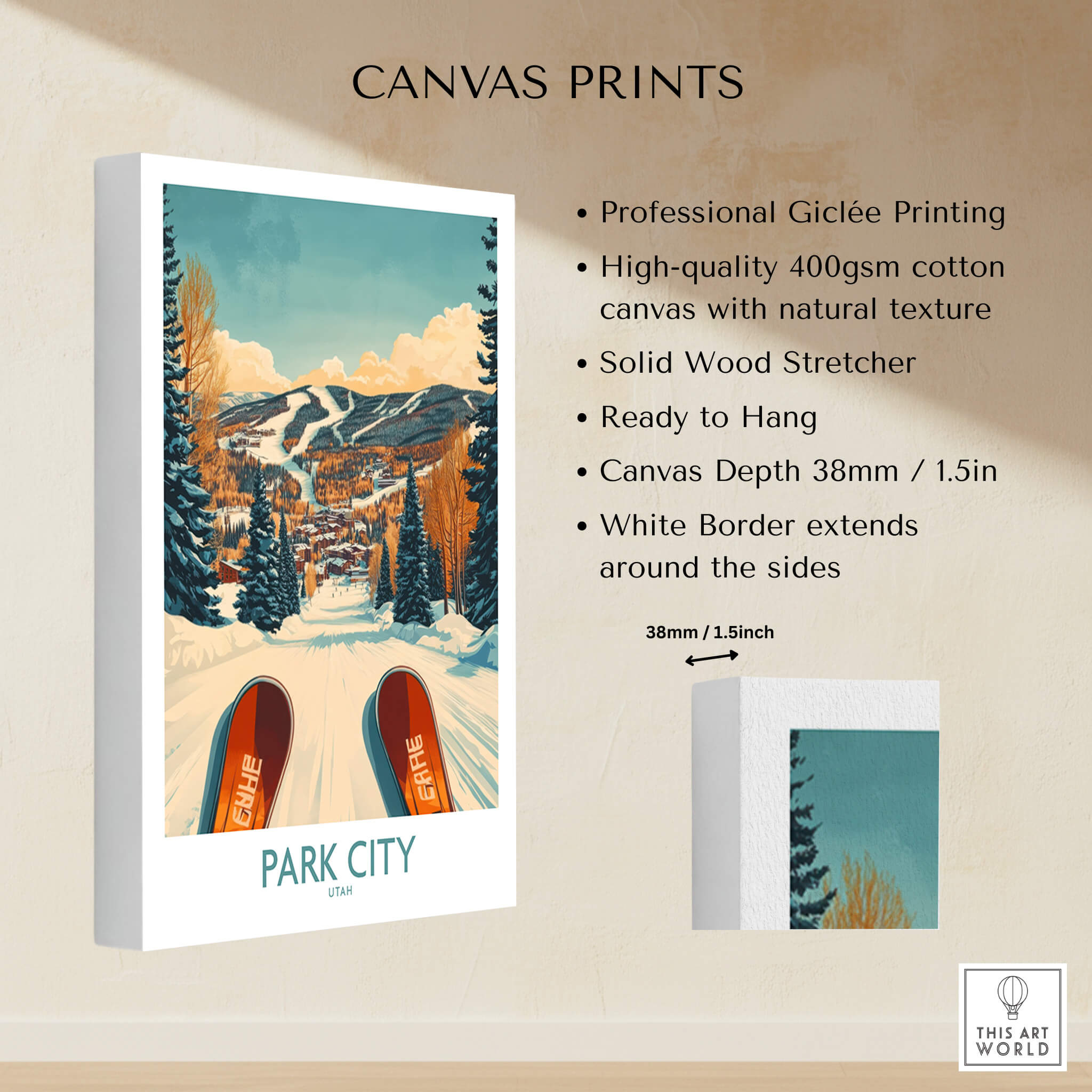 Winter Sports Ski Poster Park City Utah showcasing ski slopes and breathtaking scenery for winter enthusiasts.