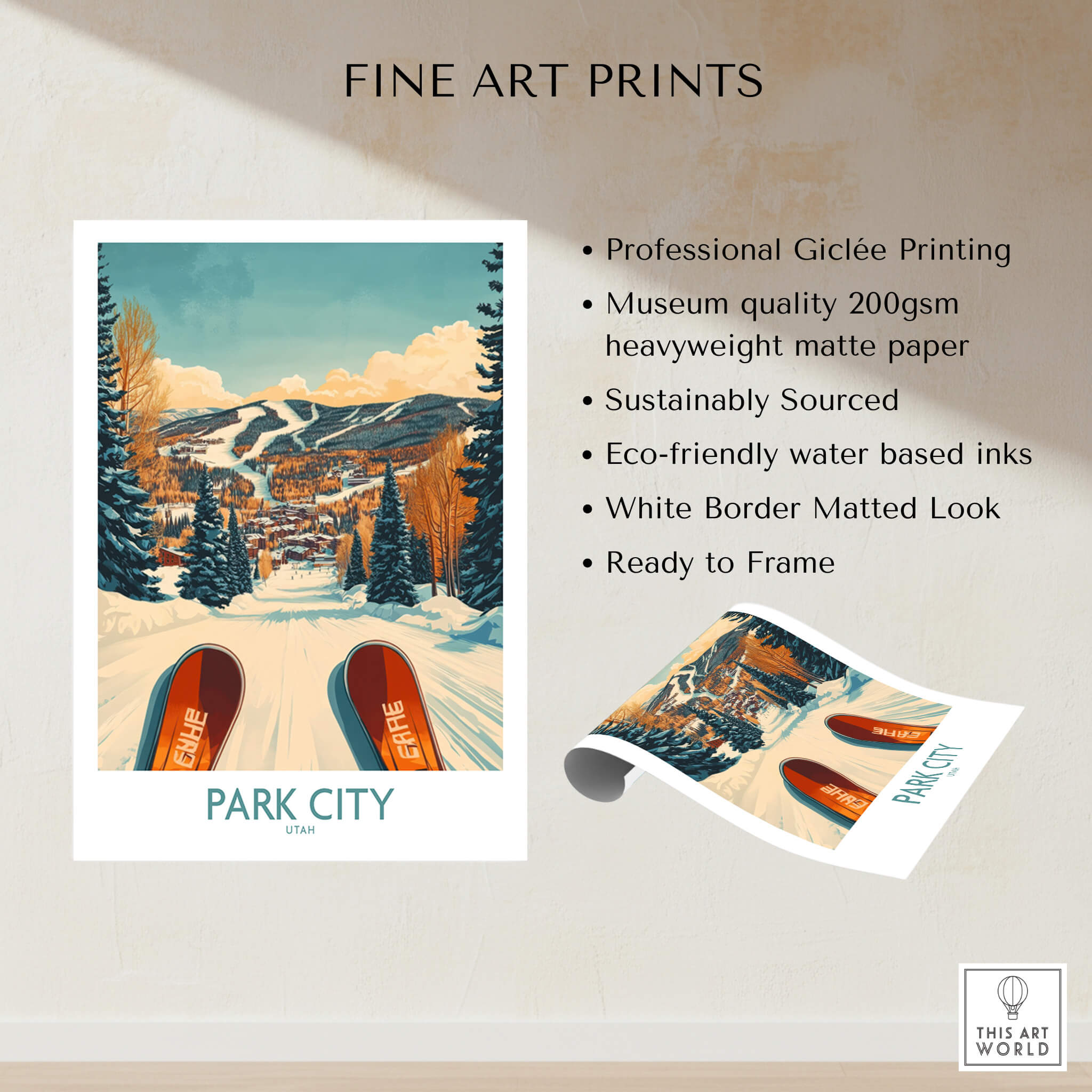 Winter Sports Ski Poster Park City Utah showcasing winter scenery and ski slopes in Park City, Utah.