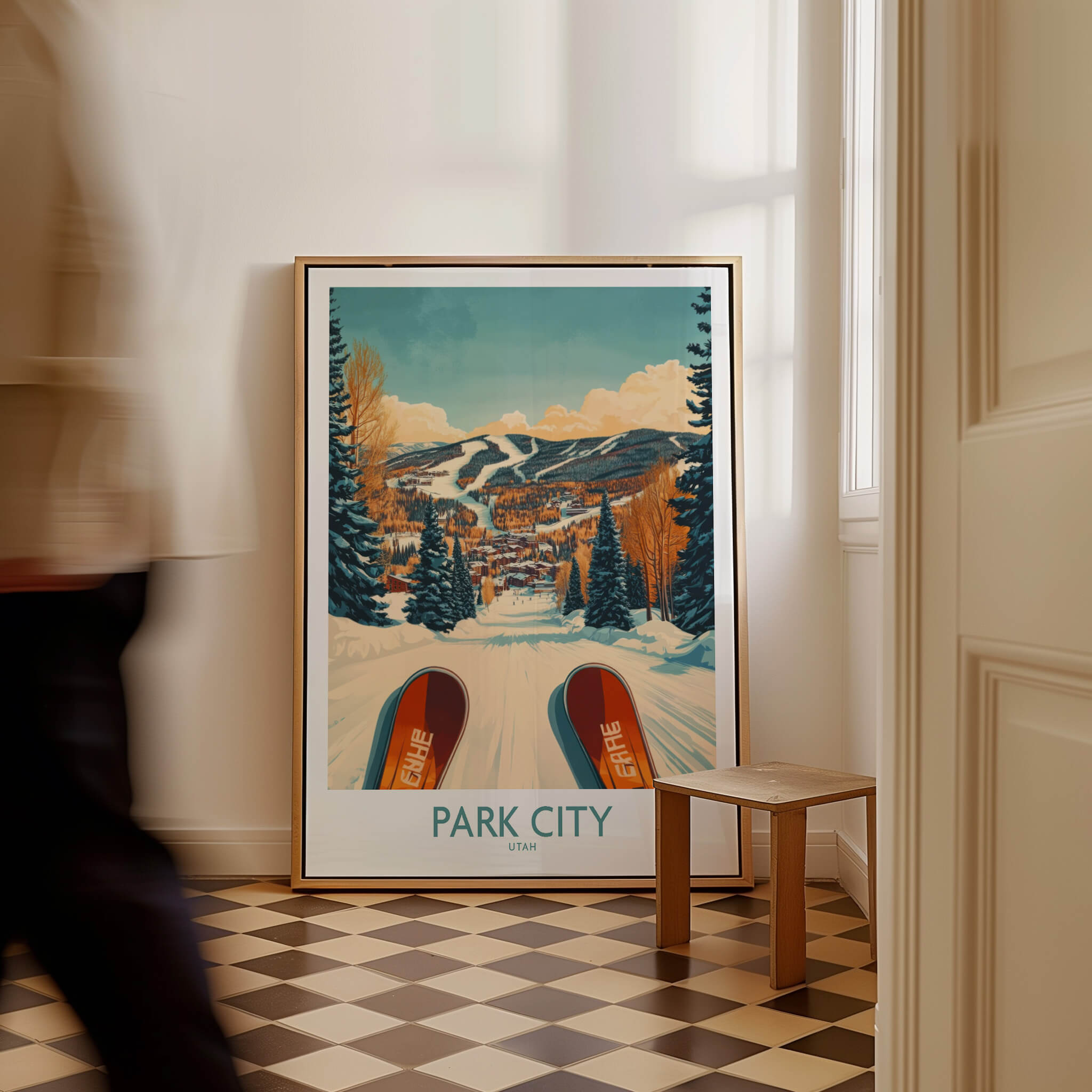 Winter Sports Ski Poster Park City Utah displayed in a cozy interior with checkered floor.