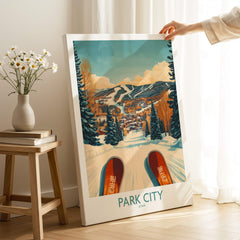 Winter Sports Ski Poster Park City Utah showcasing a skier's view of the slopes in a cozy setting.