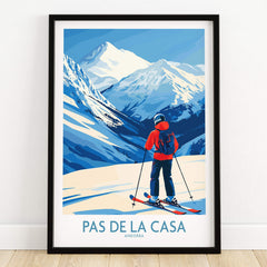 Pas de la Casa Andorra Print | Pyrenees Skiing Poster featuring a skier against stunning mountain backdrop.