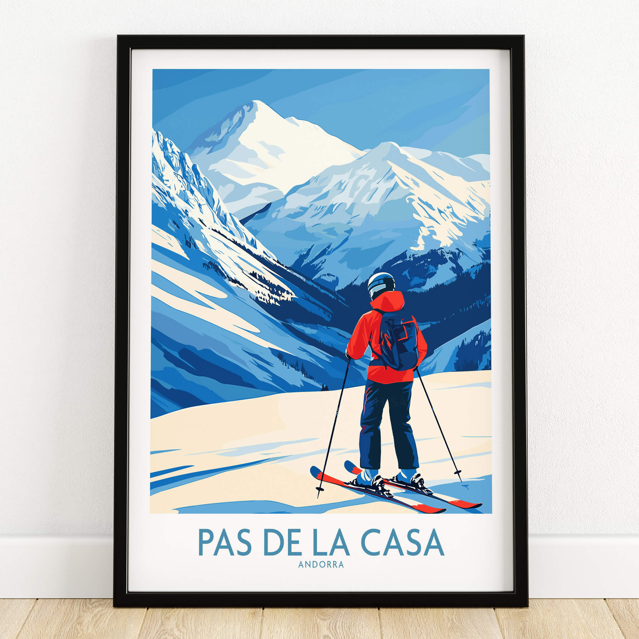 Pas de la Casa Andorra Print | Pyrenees Skiing Poster featuring a skier against stunning mountain backdrop.
