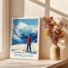 Pas de la Casa Andorra Print | Pyrenees Skiing Poster featuring a skier in a beautiful mountain landscape.