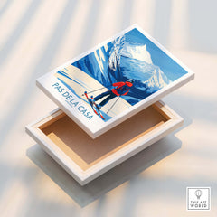 Pas de la Casa Andorra Print | Pyrenees Skiing Poster displayed on an open box showcasing alpine skiing art.