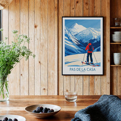 Pas de la Casa Andorra Print | Pyrenees Skiing Poster displayed in a cozy interior setting with wooden accents.