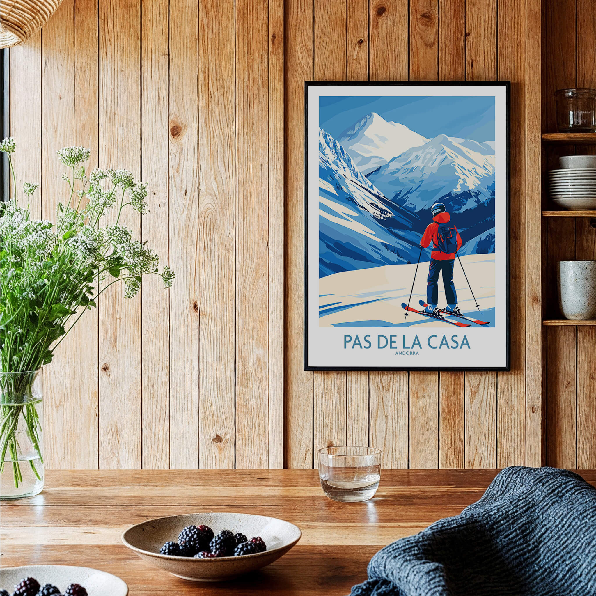Pas de la Casa Andorra Print | Pyrenees Skiing Poster displayed in a cozy interior setting with wooden accents.