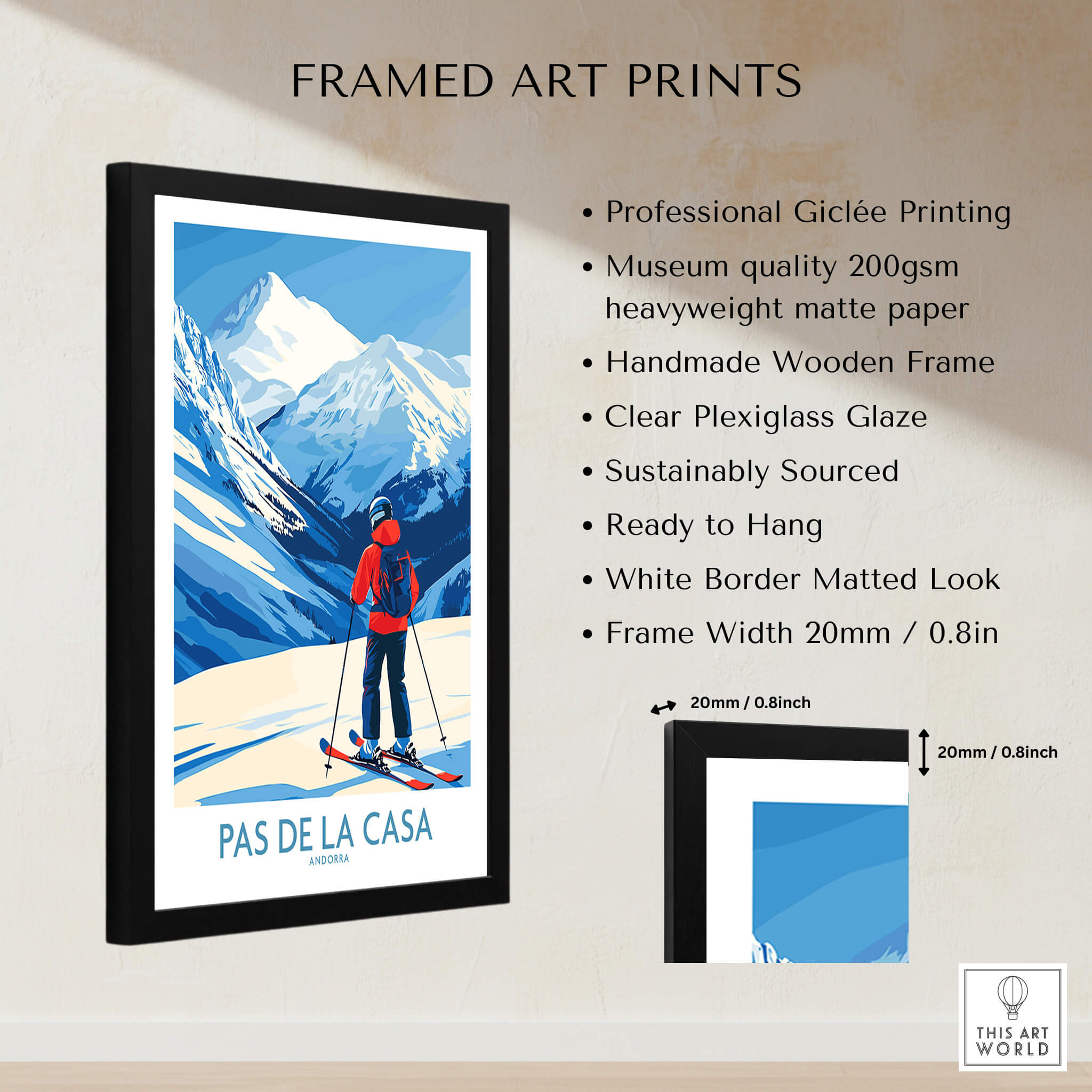Pas de la Casa Andorra Print | Pyrenees Skiing Poster framed art print showcasing a skier in the mountains.