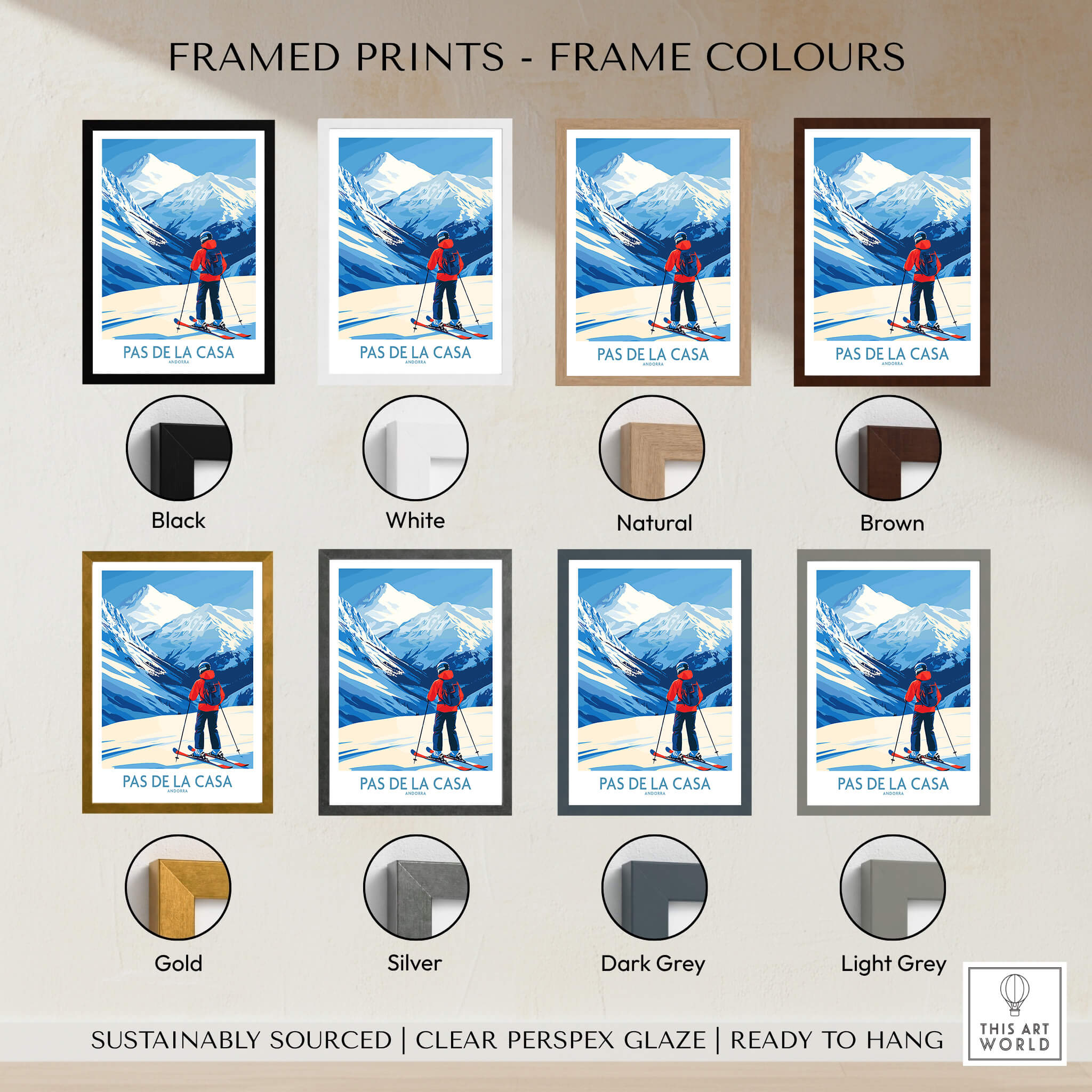 Pas de la Casa Andorra Print | Pyrenees Skiing Poster framed in various colors including black, white, natural, and brown.