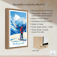 Pas de la Casa Andorra Print | Pyrenees Skiing Poster displayed in a stylish wooden frame, showcasing a skier against snowy mountains.