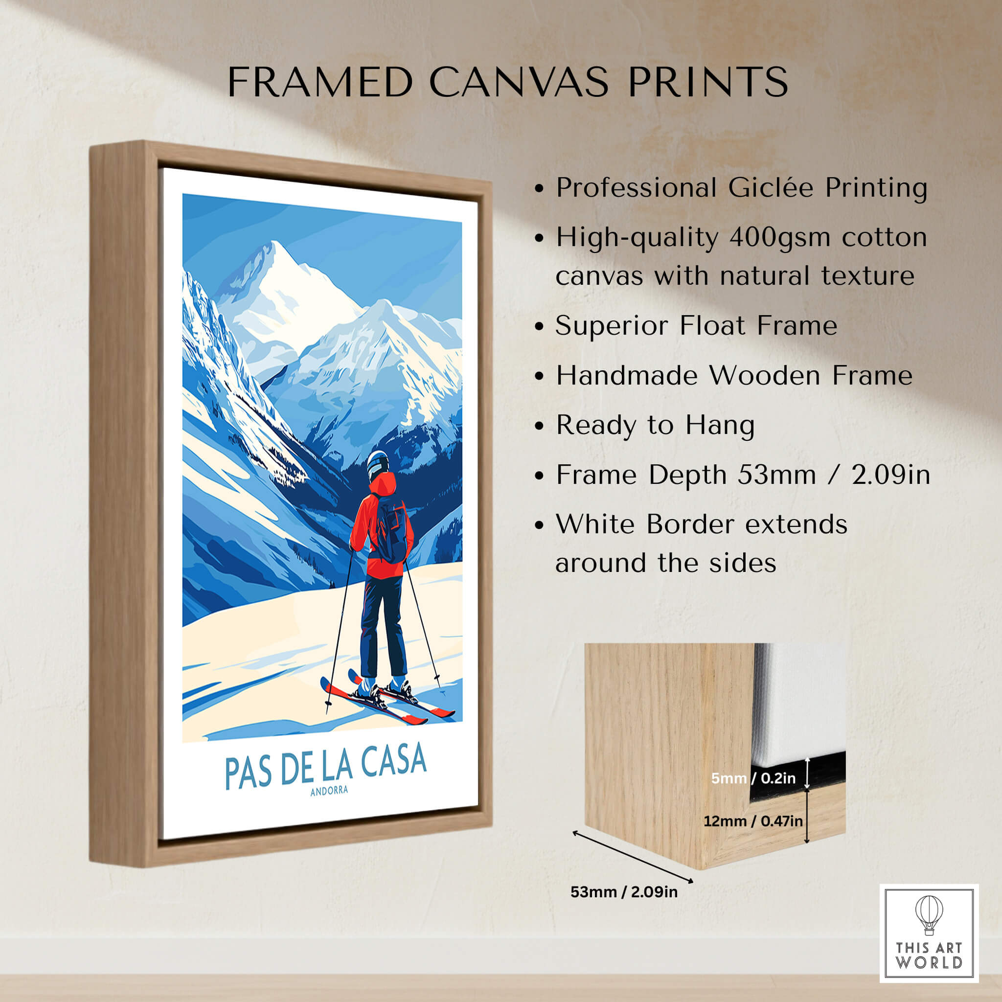 Pas de la Casa Andorra Print | Pyrenees Skiing Poster displayed in a stylish wooden frame, showcasing a skier against snowy mountains.