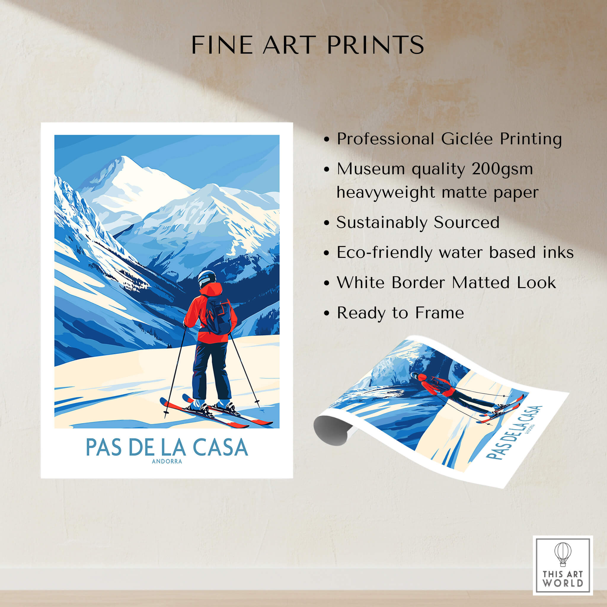 Pas de la Casa Andorra Print | Pyrenees Skiing Poster showcasing a skier on vibrant snow-covered mountains.