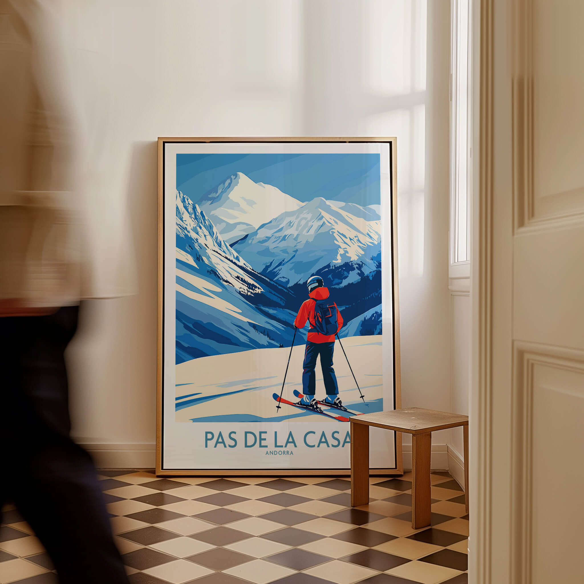 Pas de la Casa Andorra Print | Pyrenees Skiing Poster displayed in a stylish room with alpine scenery.