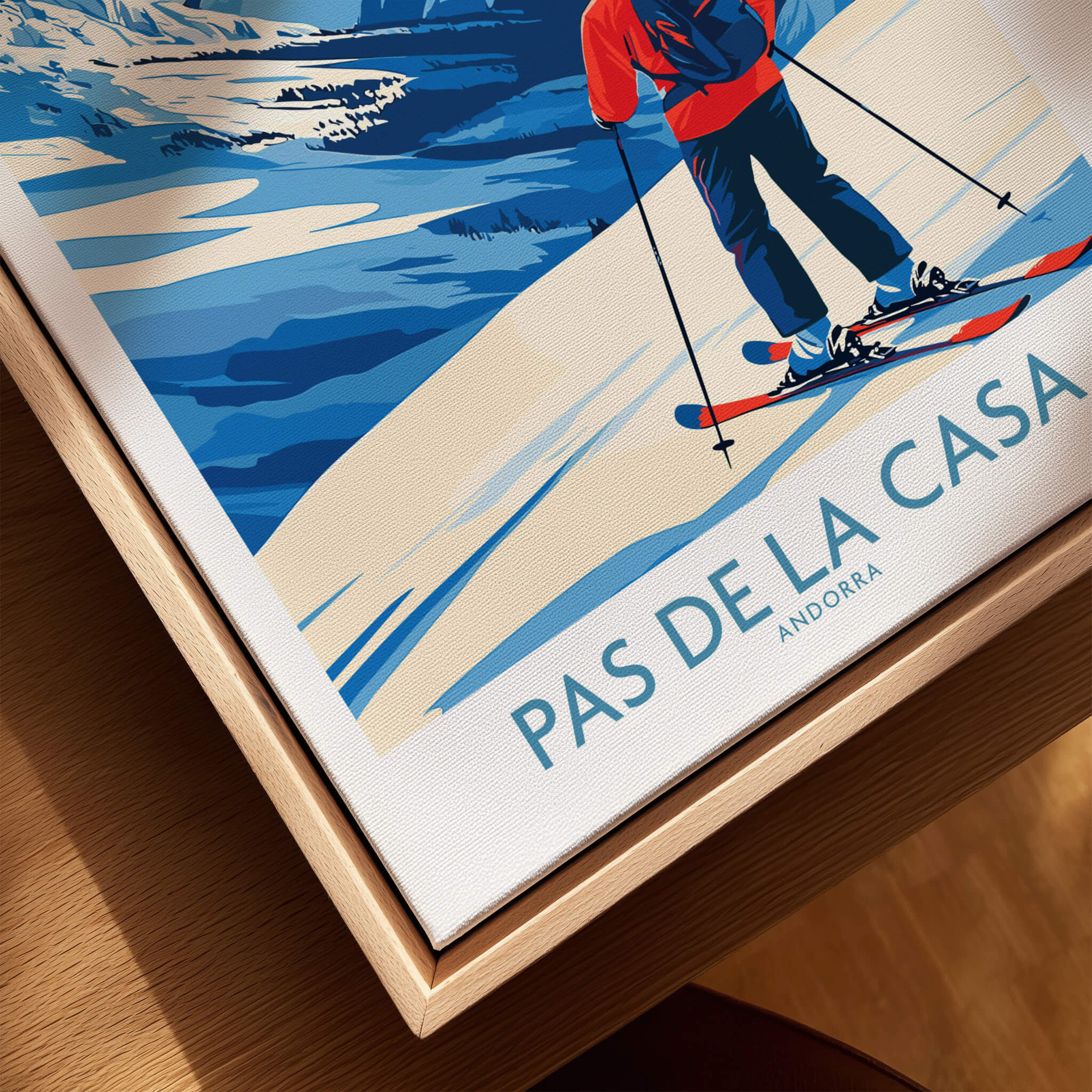 Pas de la Casa Andorra Print | Pyrenees Skiing Poster featuring a skier on a mountainous backdrop.