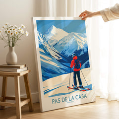 Pas de la Casa Andorra Print | Pyrenees Skiing Poster featuring a skier against stunning mountain scenery.