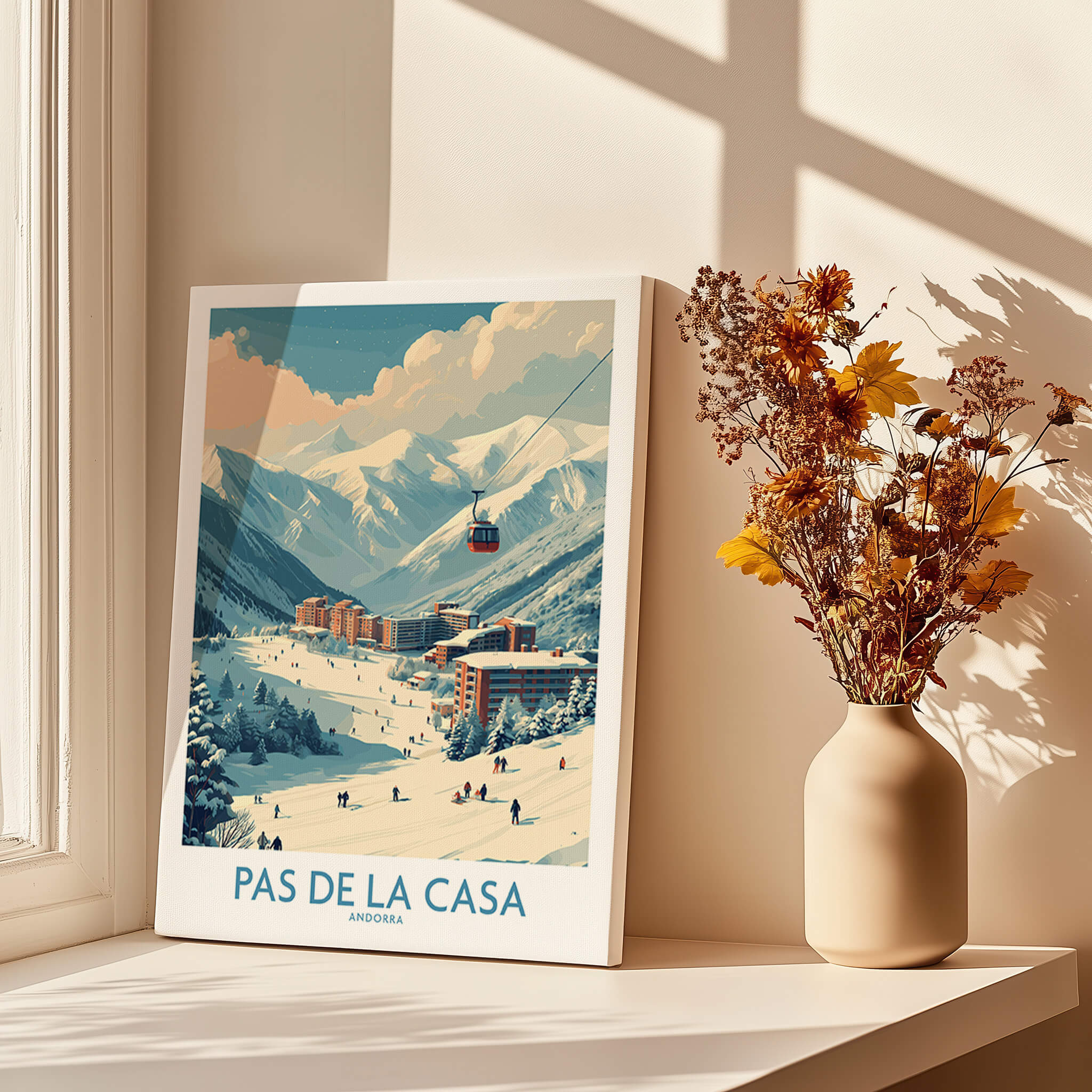 Pas de la Casa Andorra Ski Resort Art Print | Pyrenees Cable Car Poster displayed in a bright room with flowers.