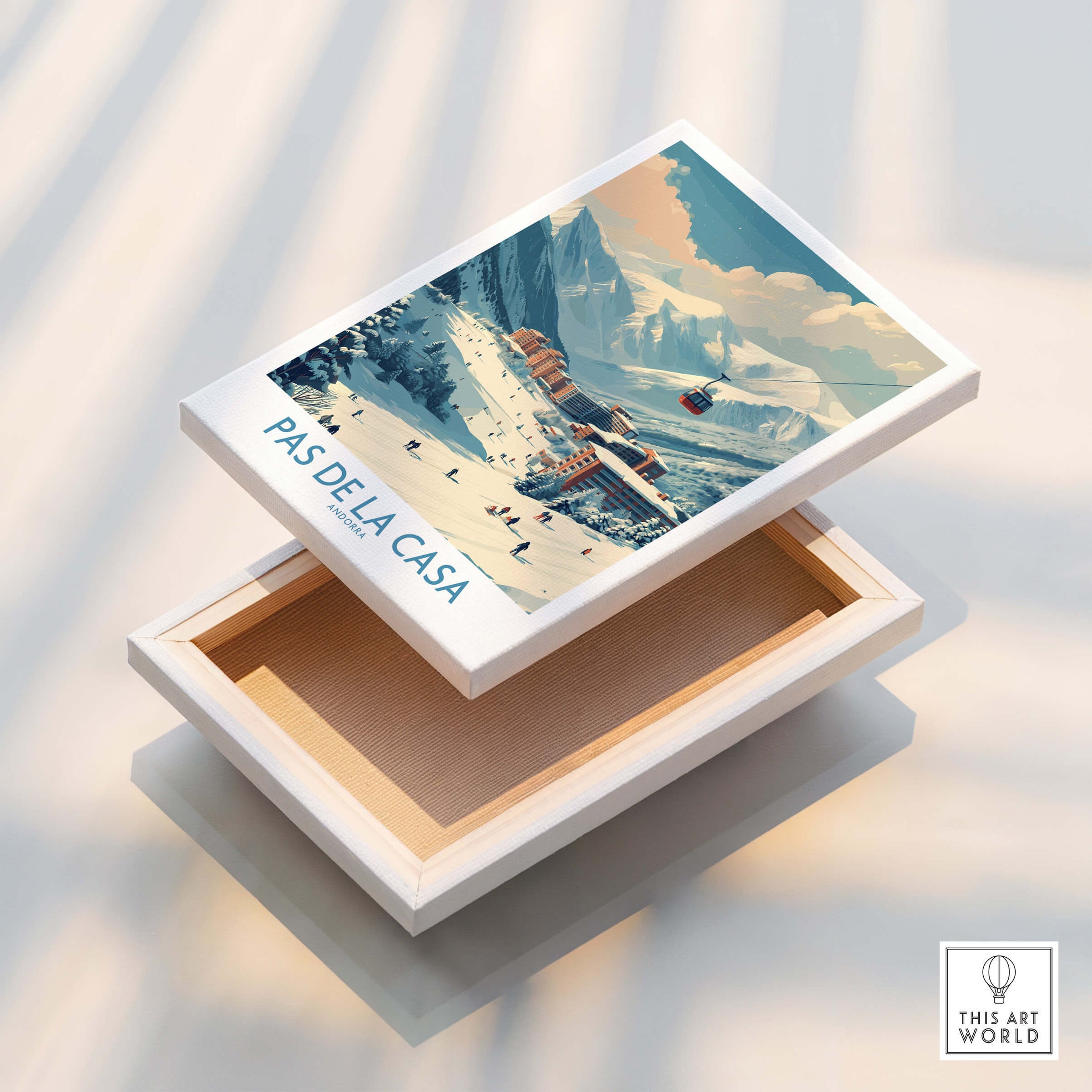 Pas de la Casa Andorra Ski Resort Art Print | Pyrenees Cable Car Poster displayed on a decorative box.