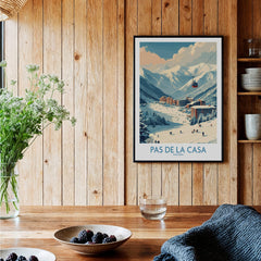 Pas de la Casa Andorra Ski Resort Art Print | Pyrenees Cable Car Poster displayed in a cozy wooden interior.