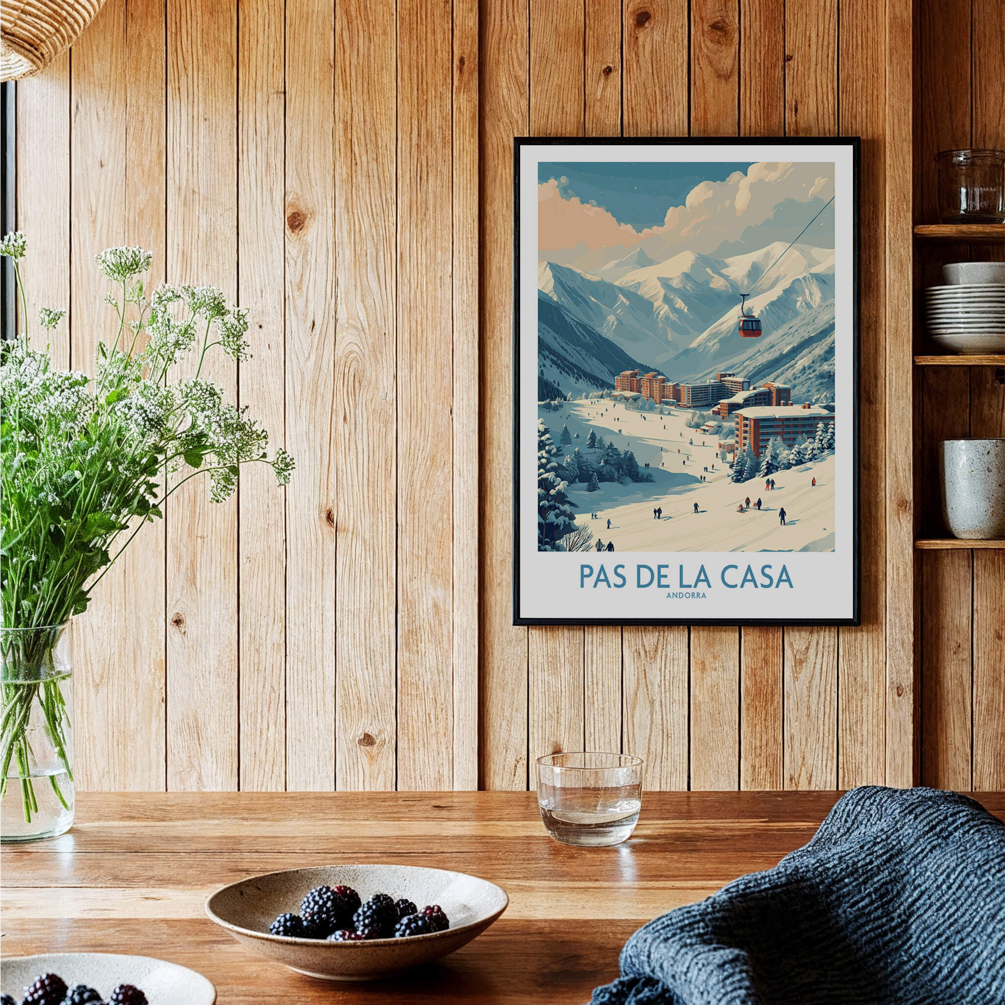 Pas de la Casa Andorra Ski Resort Art Print | Pyrenees Cable Car Poster displayed in a cozy wooden interior.