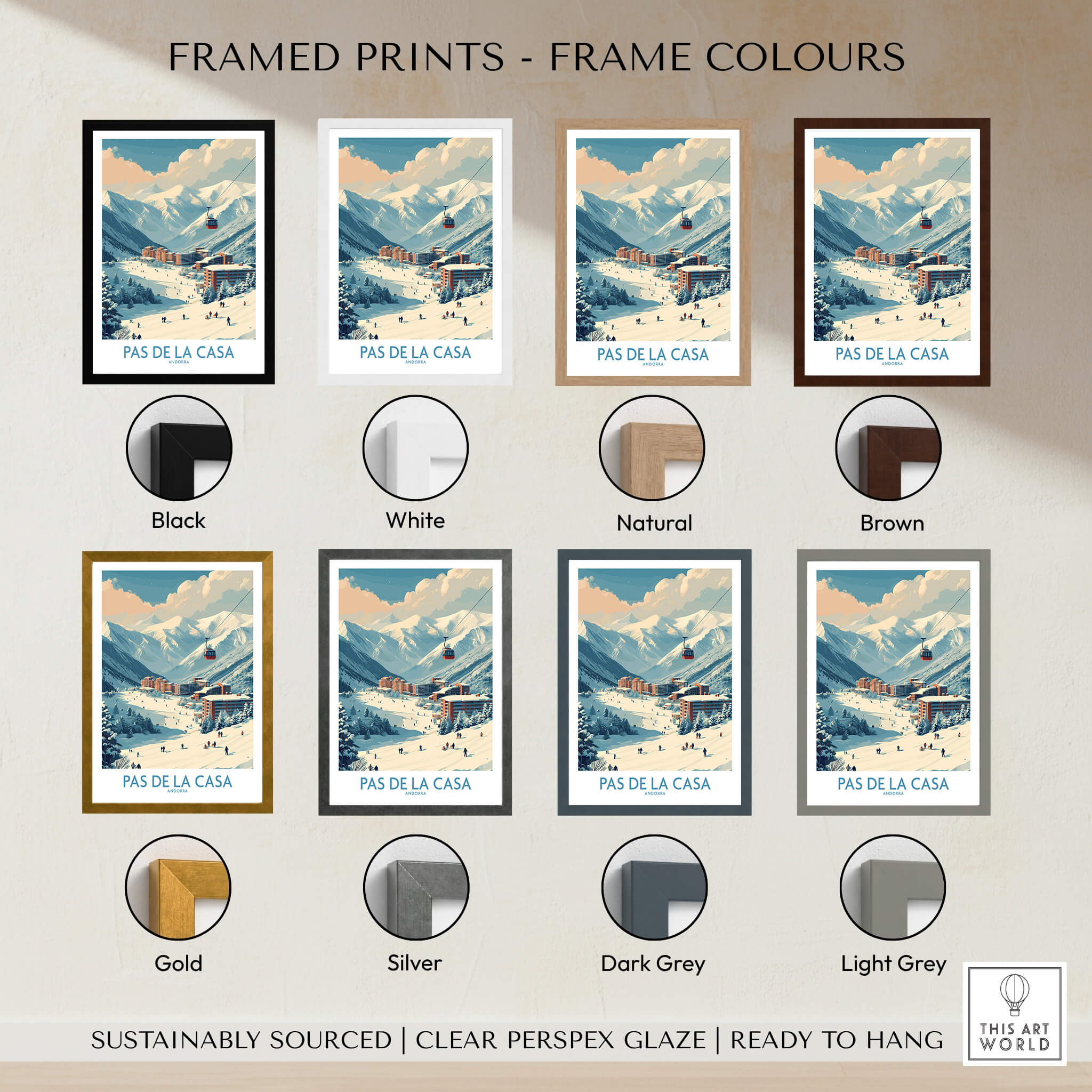 Framed prints in various colors featuring Pas de la Casa Andorra Ski Resort Art Print | Pyrenees Cable Car Poster.