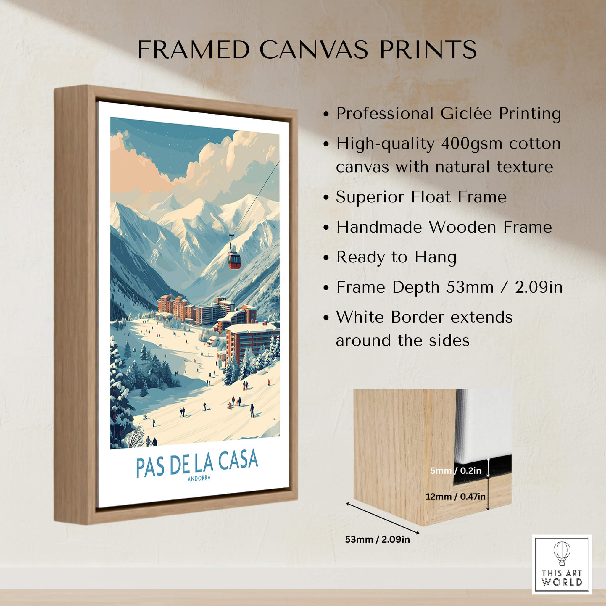 Pas de la Casa Andorra Ski Resort Art Print | Pyrenees Cable Car Poster framed canvas print with wood frame