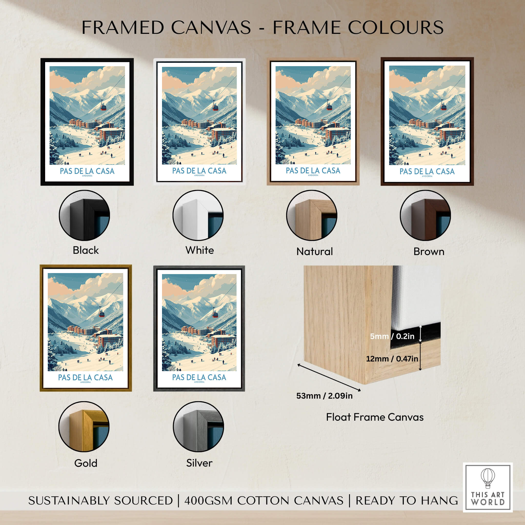 Framed canvas color options for Pas de la Casa Andorra Ski Resort Art Print | Pyrenees Cable Car Poster.