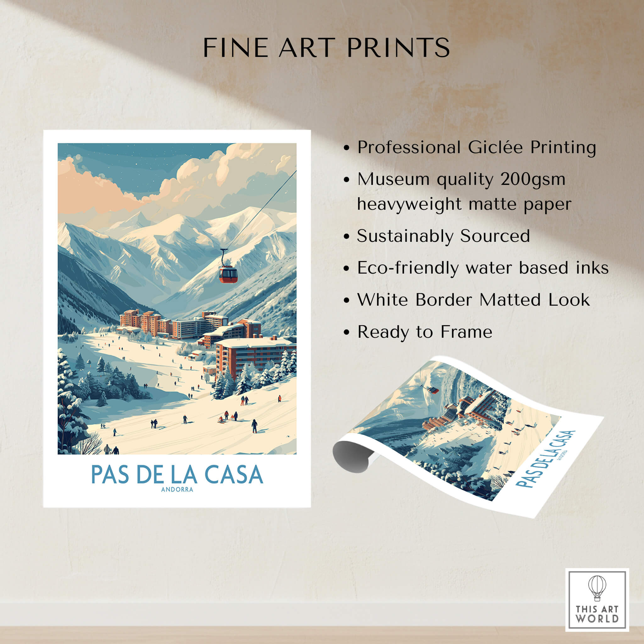 Pas de la Casa Andorra Ski Resort Art Print | Pyrenees Cable Car Poster showcasing Giclée print of ski resort.