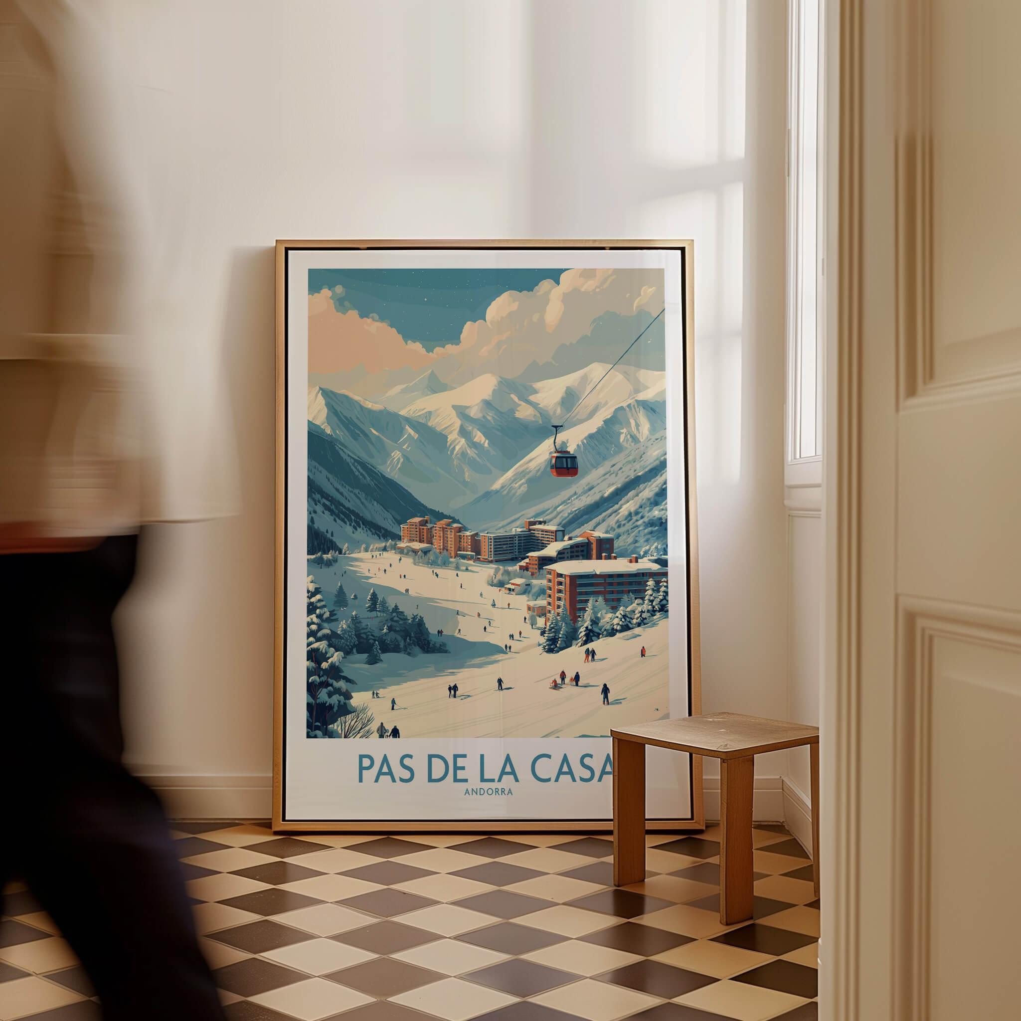 Pas de la Casa Andorra Ski Resort Art Print | Pyrenees Cable Car Poster displayed in a stylish interior.