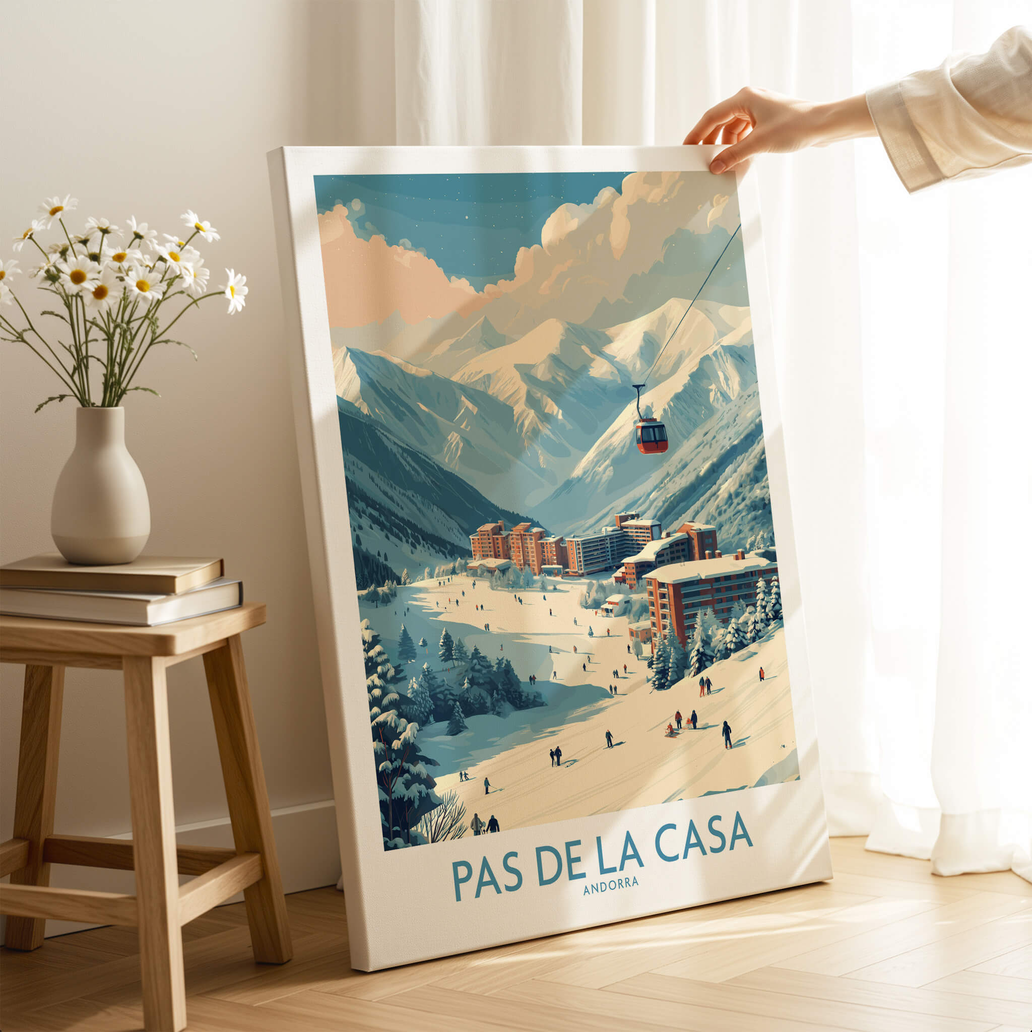 Pas de la Casa Andorra Ski Resort Art Print | Pyrenees Cable Car Poster featuring a scenic mountain backdrop and ski activities.