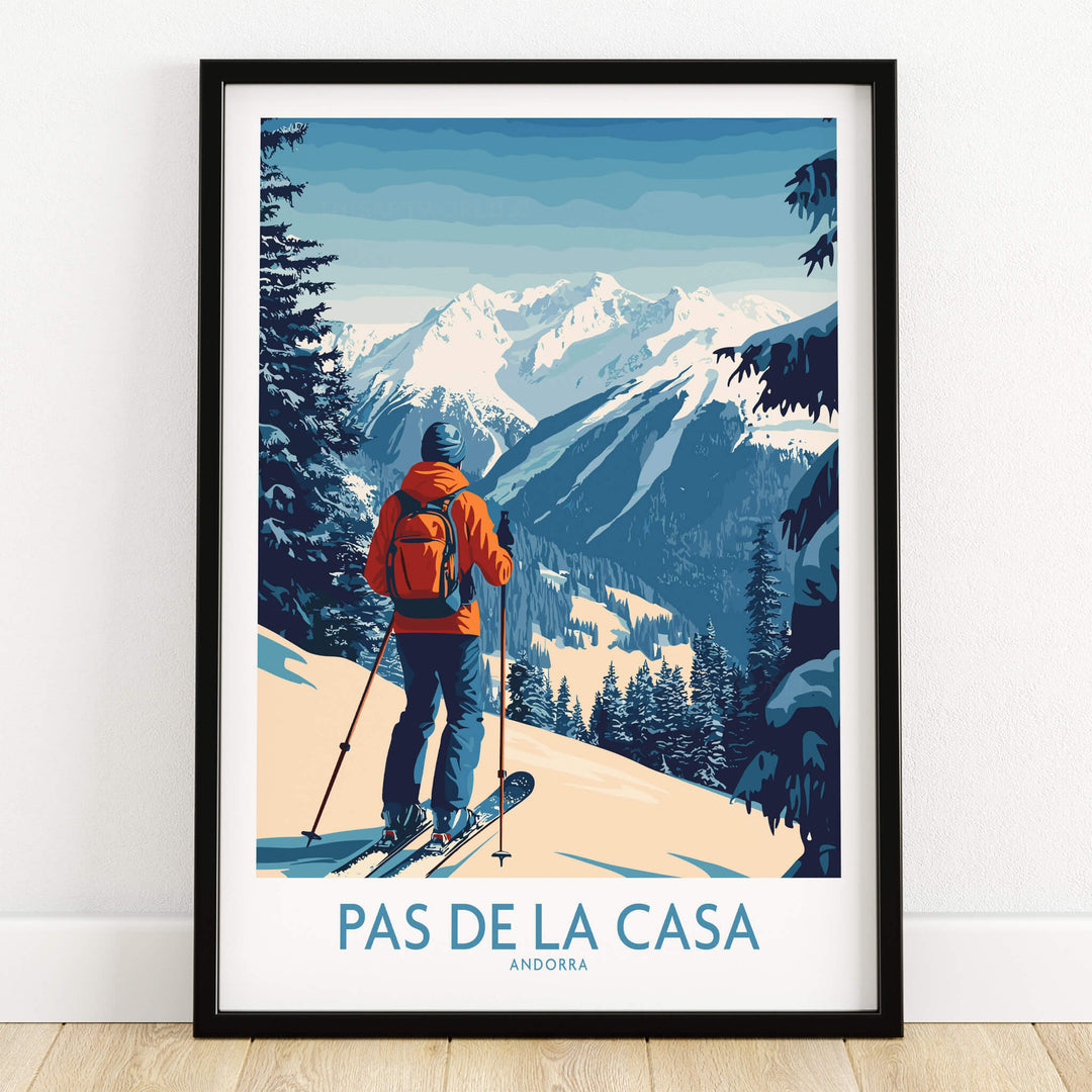Pas de la Casa Andorra Ski Print | Pyrenees Winter Poster featuring a skier in a snowy mountain landscape.