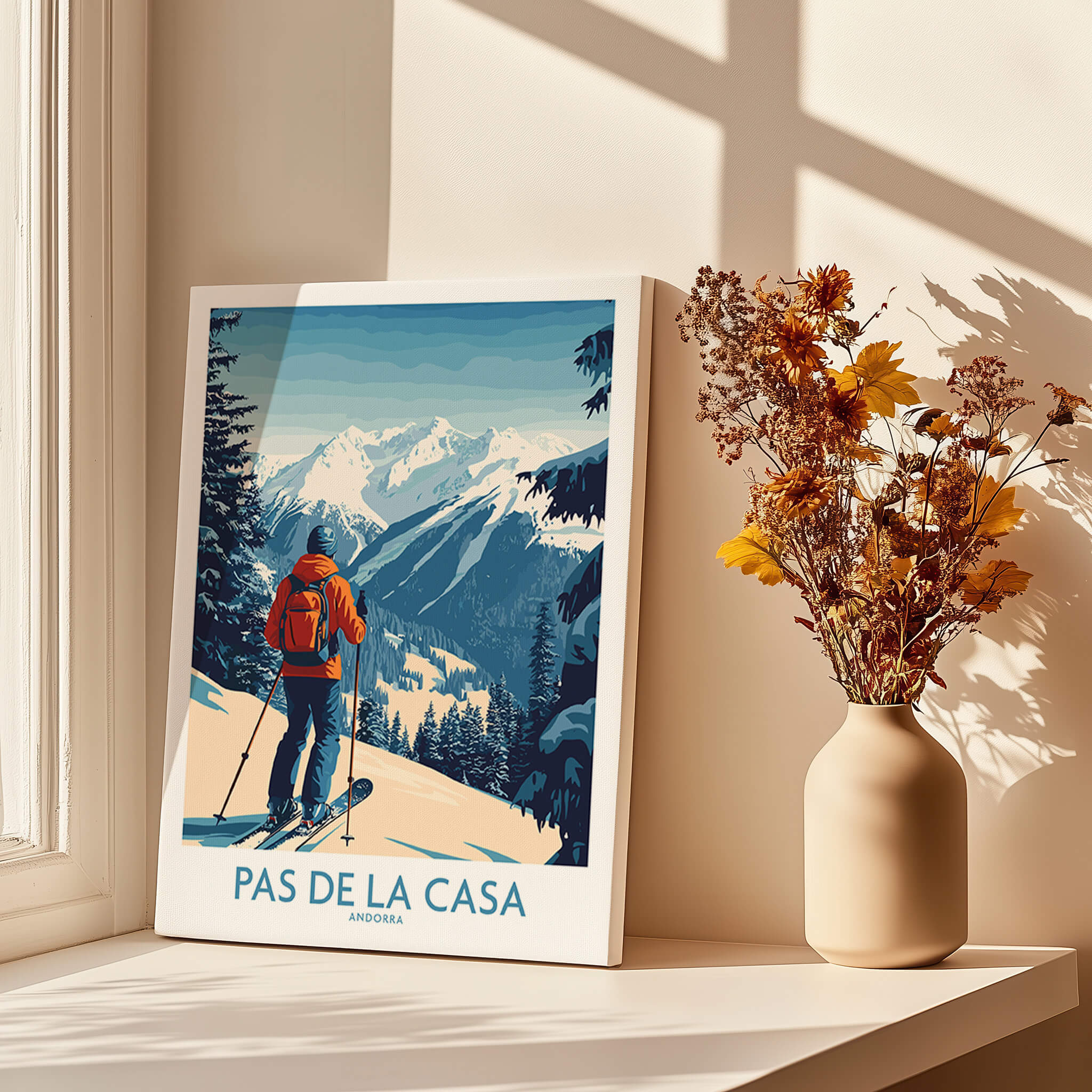 Pas de la Casa Andorra Ski Print | Pyrenees Winter Poster displayed beside a vase and flowers in a sunny room.