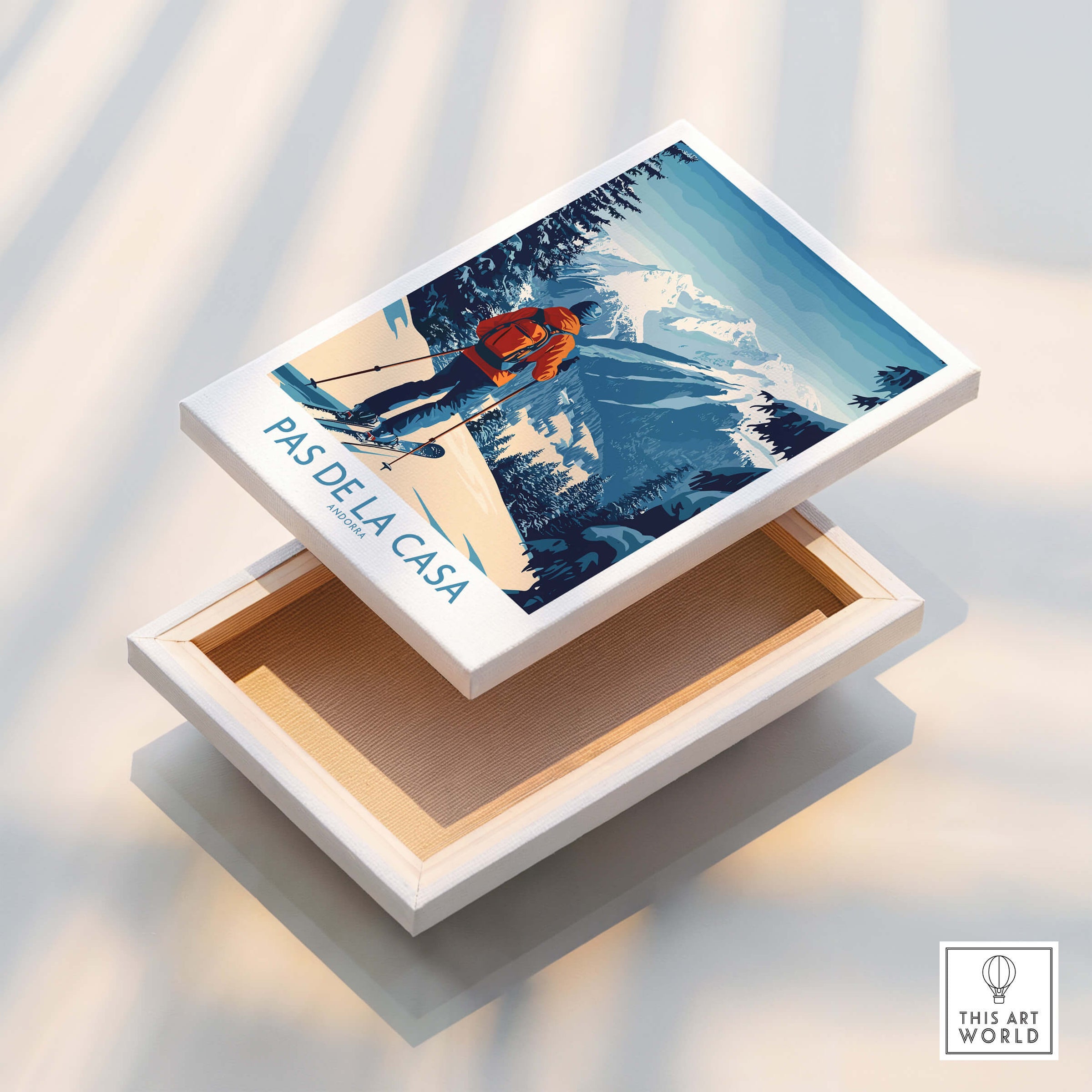 Pas de la Casa Andorra Ski Print | Pyrenees Winter Poster design on a box with stunning mountain landscape.