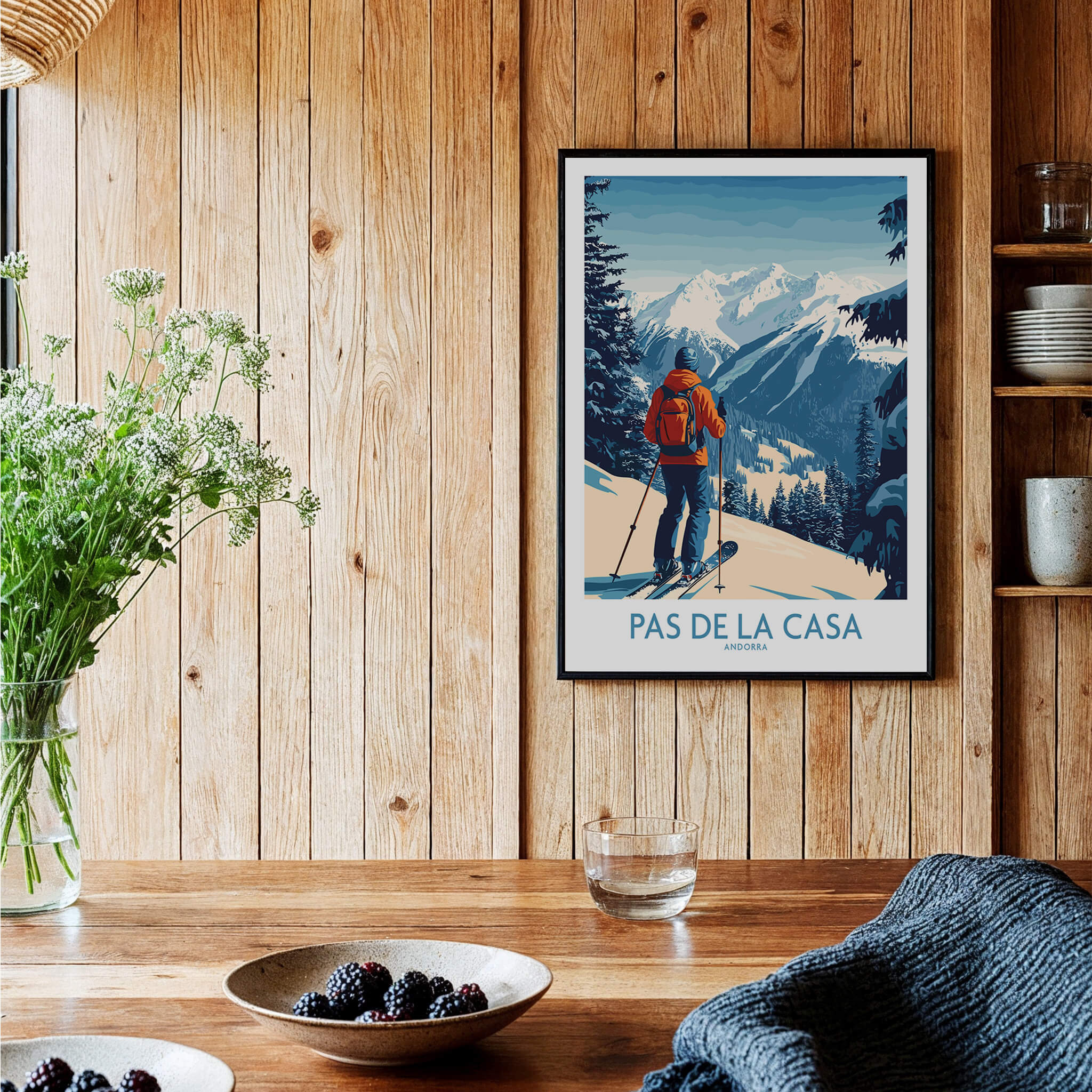 Pas de la Casa Andorra Ski Print | Pyrenees Winter Poster in a rustic setting with wooden walls and decor.