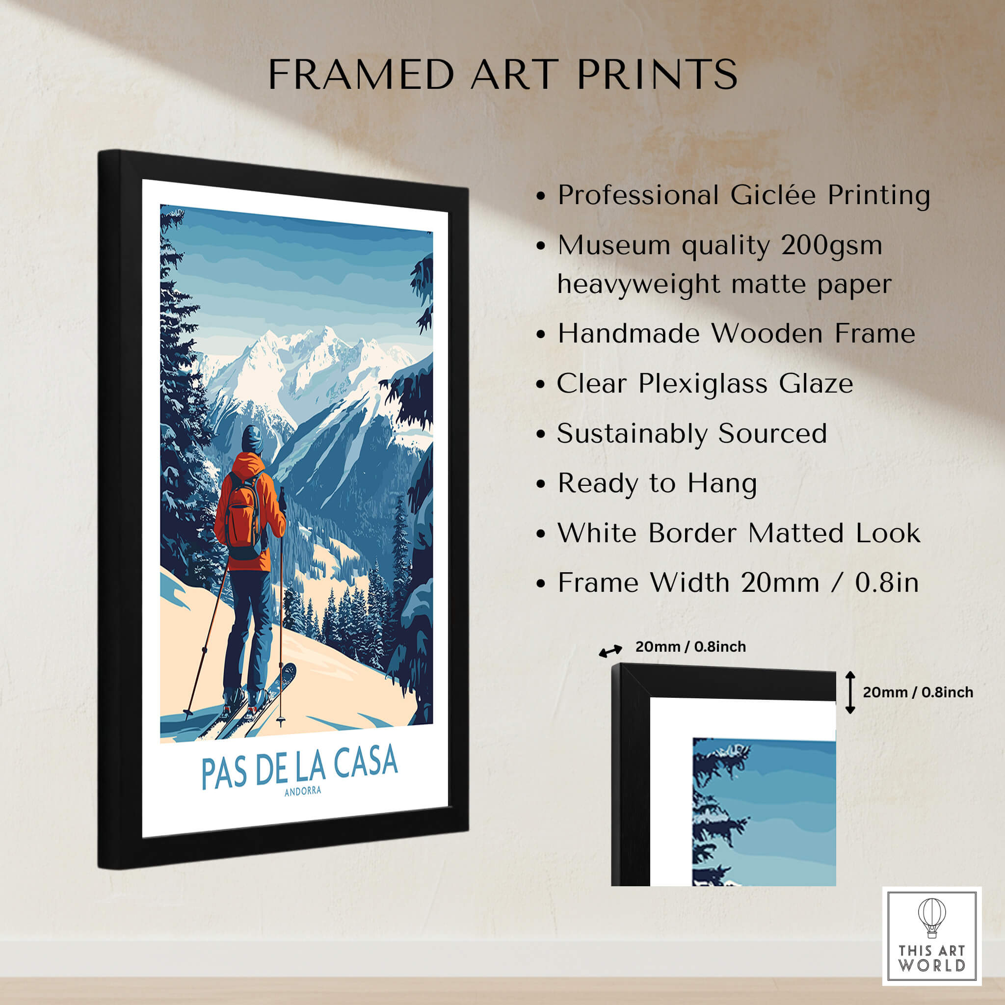 Pas de la Casa Andorra Ski Print | Pyrenees Winter Poster framed art showcasing snowy mountains and a skier.