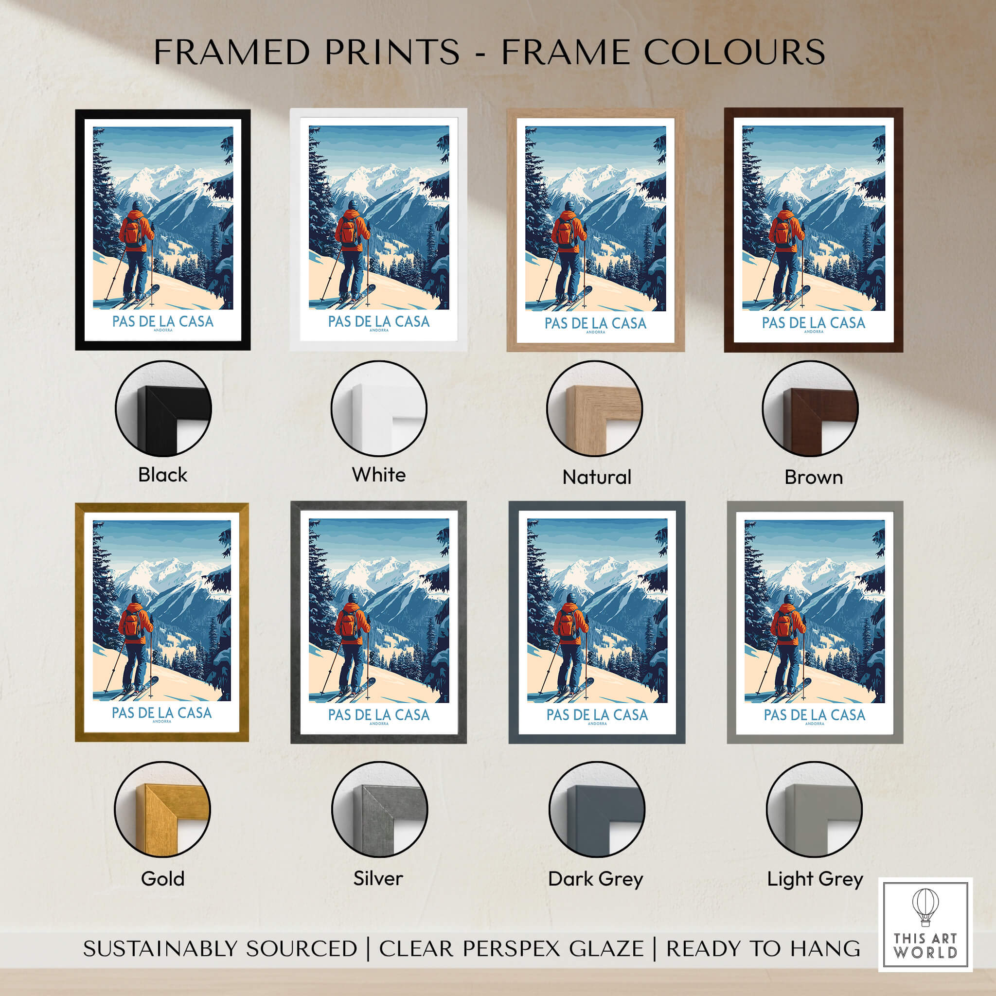 Framed Pas de la Casa Andorra Ski Print | Pyrenees Winter Poster in various frame colors including black, white, gold, and brown.
