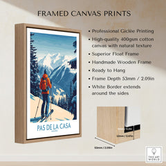 Framed canvas print of Pas de la Casa Andorra Ski Print | Pyrenees Winter Poster with mountain backdrop.