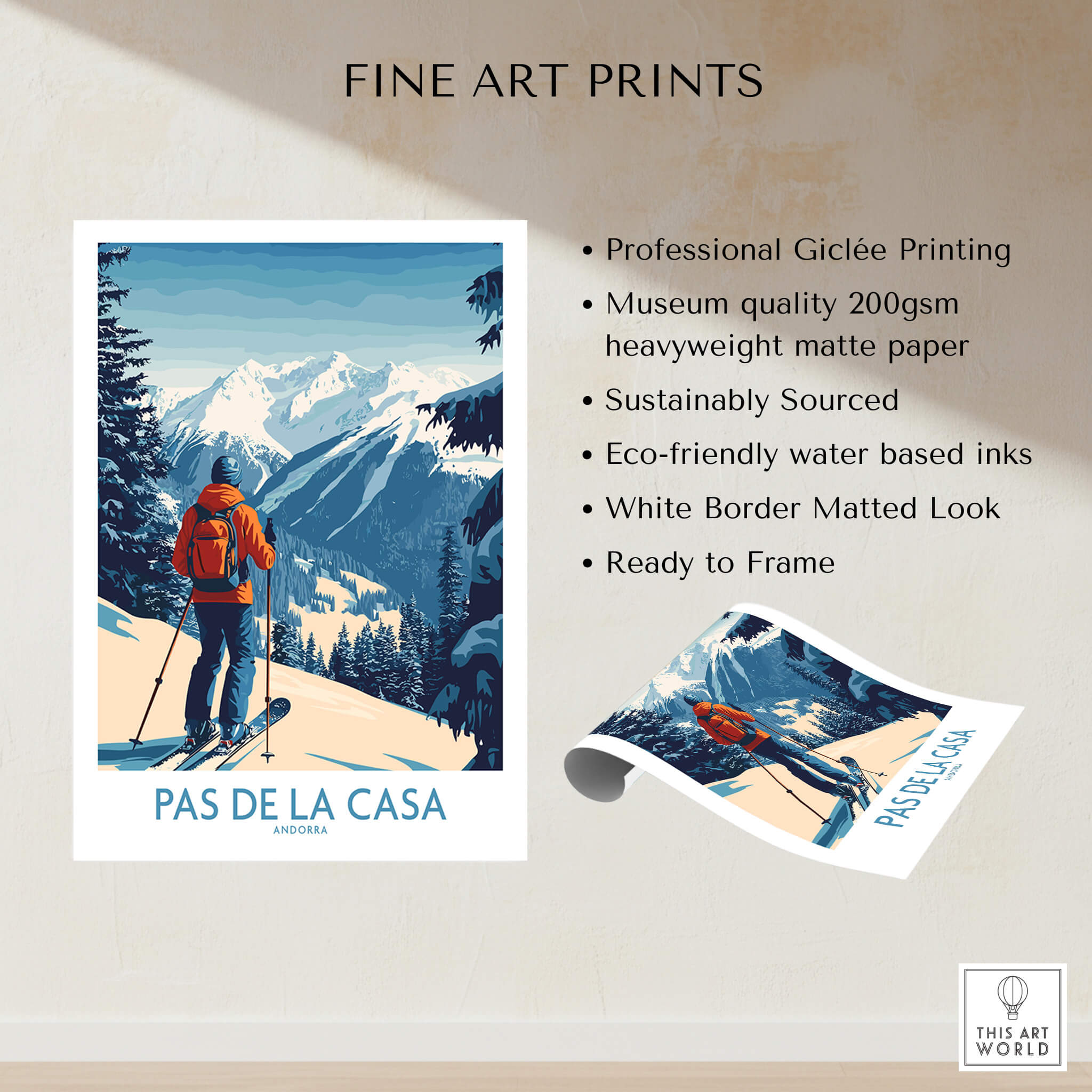 Pas de la Casa Andorra Ski Print | Pyrenees Winter Poster showcasing a skier against a snowy landscape.