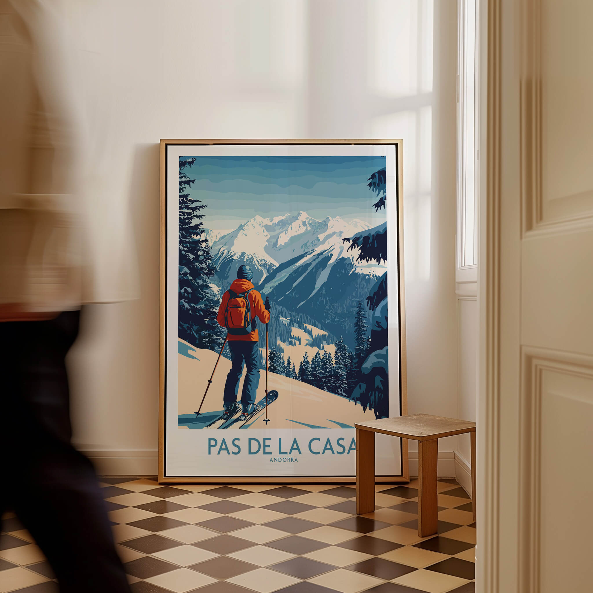 Pas de la Casa Andorra Ski Print | Pyrenees Winter Poster featuring skier overlooking snowy mountains.