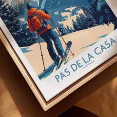 Pas de la Casa Andorra Ski Print | Pyrenees Winter Poster featuring a skier in a snowy landscape.