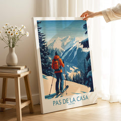 Pas de la Casa Andorra Ski Print | Pyrenees Winter Poster featuring a skier in a snowy landscape background.