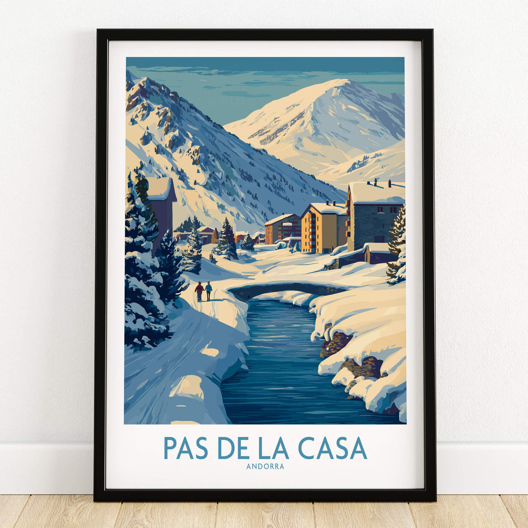 Pas de la Casa Andorra Art Print | Winter Village Bridge Poster featuring snowy landscape and charming alpine village.