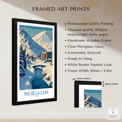 Pas de la Casa Andorra Art Print | Winter Village Bridge Poster showcased in a sleek black frame.
